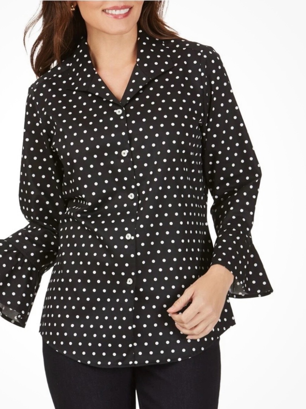 Foxcroft Black and White Polka Dot Button-Up Blouse